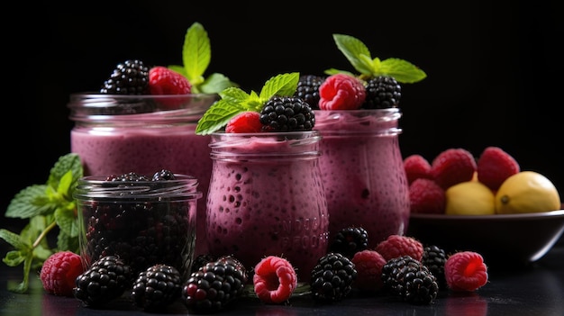 Blackberry fruit smoothies displayed in transparent glass jars next to a gray concrete wall a sug