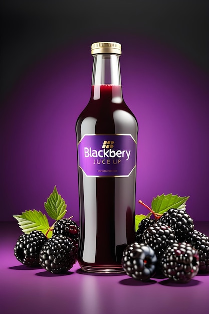 Photo blackberry juice bottle with blackberries on purple background 3d illustration