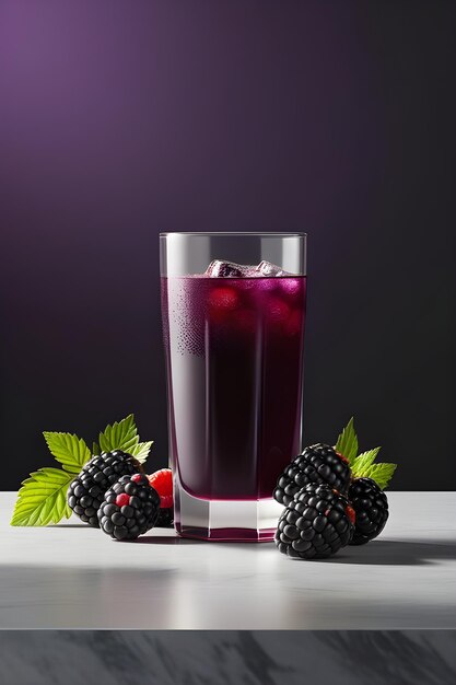 Blackberry Juice In A Glass On A Black Background 3D Rendering