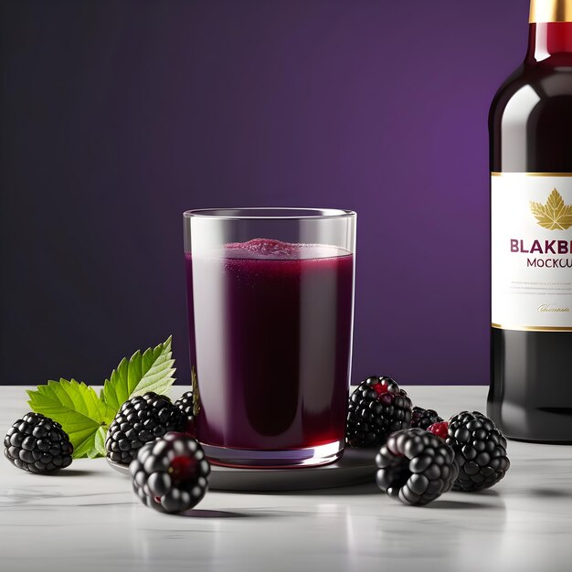 Photo blackberry juice in a glass and a bottle of red wine on a white table 3d rendering