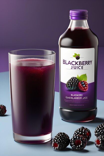 Photo blackberry juice in a glass with blackberries on a purple background