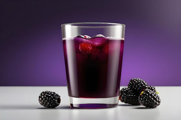 Blackberry Juice In A Glass With Blackberries On A Purple Background