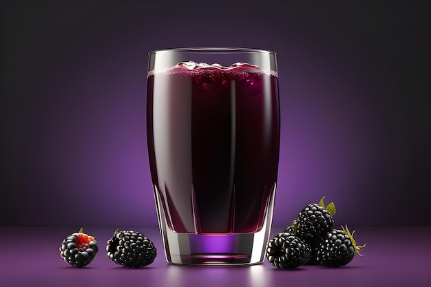 Blackberry Juice In A Glass With Blackberries On A Purple Background