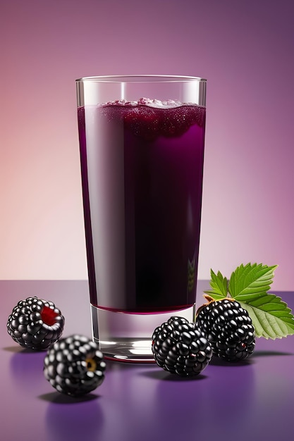 Blackberry Juice In A Glass With Fresh Berries On A Purple Background