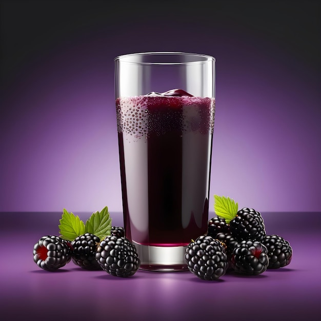 Blackberry Juice In A Glass With Fresh Berries On A Purple Background