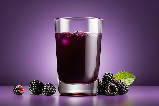 Blackberry Juice In A Glass With Fresh Berries On A Purple Background