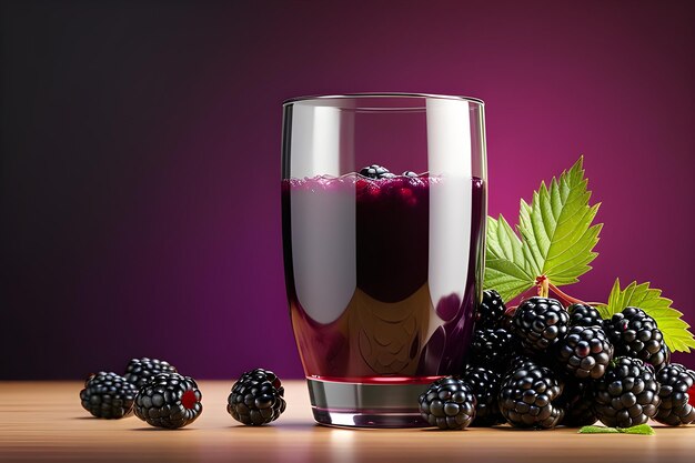 Blackberry Juice In A Glass With Fresh Berries On A Wooden Table