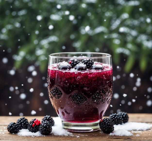 Blackberry smoothie in a glass with fresh berries on wooden background