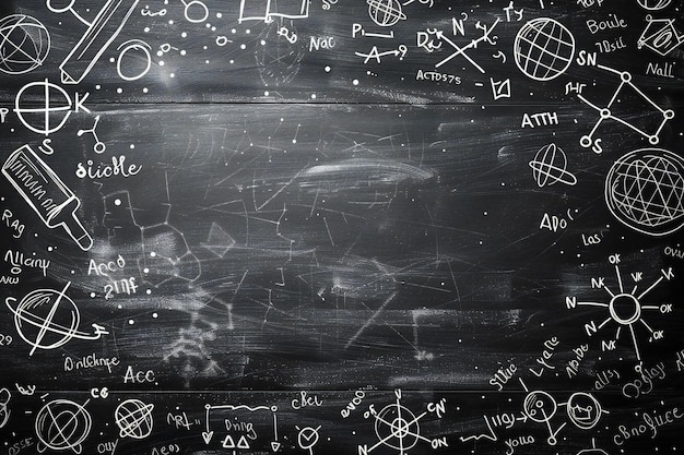 Photo blackboard background with doodles of science and math symbols chalk board texture blank space in