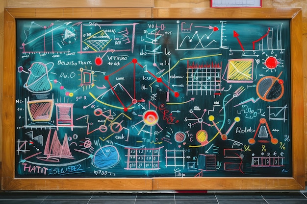 Photo a blackboard filled with intricate mathematical equations and formulas written in colorful chalk a colorful chalkboard with various mathematical equations and drawings on it