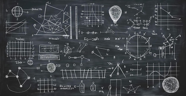 A blackboard filled with various mathematical equations graphs and diagrams including geometry shapes algebraic expressions trigonometric functions and molecular structures