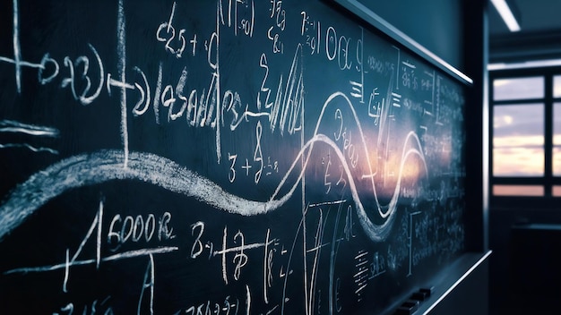 Blackboard inscribed with scientific formulas and calculations