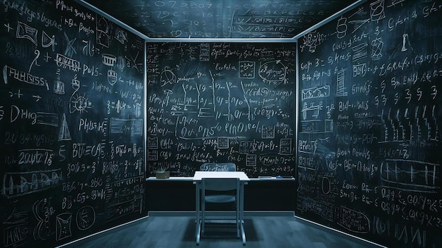 Blackboard inscribed with scientific formulas and calculations