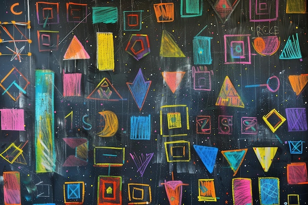 Photo a blackboard is filled with vibrant geometric shapes and patterns created with chalk showcasing a creative learning environment in the afternoon generative ai