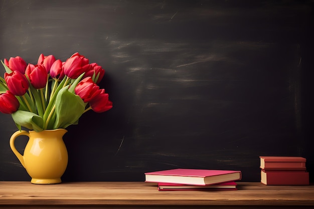 Blackboard near vase with tulips