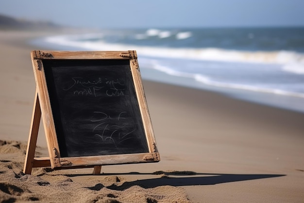 Blackboard on sandy beach