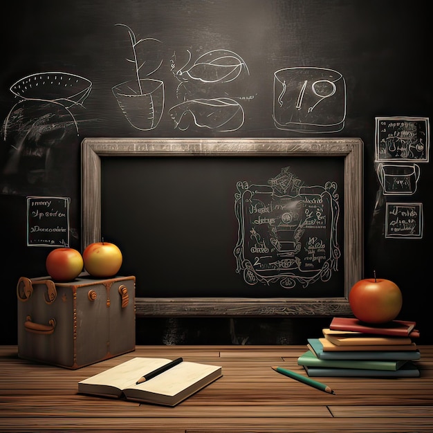 A blackboard with books apple on table