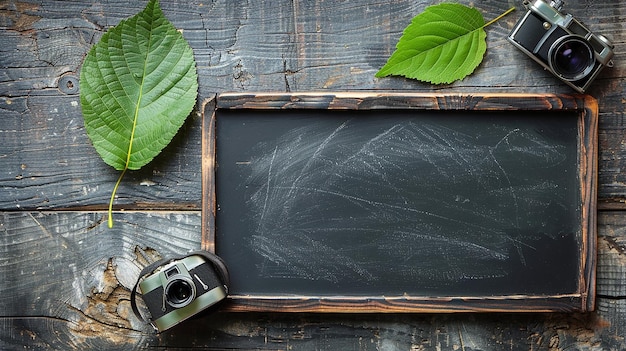 Photo blackboard with camera and leaf