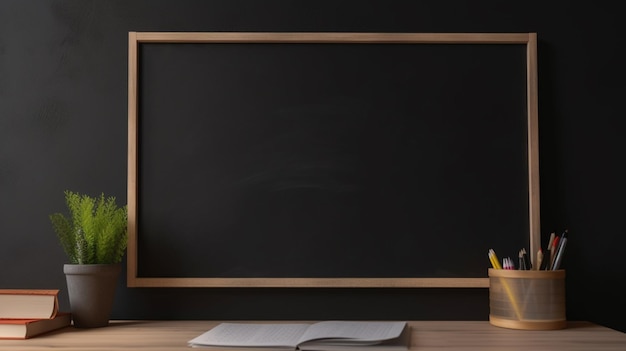 A blackboard with a chalkboard and a pencil on it.