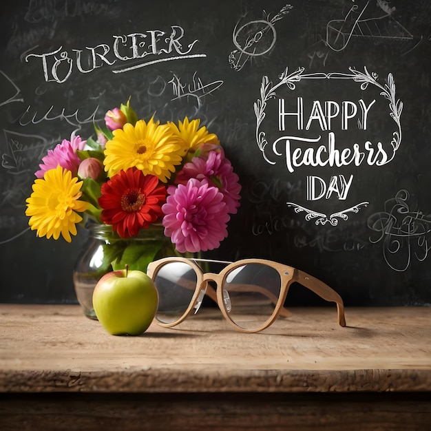 a blackboard with flowers and a chalkboard with chalkboard that says happy teachers day