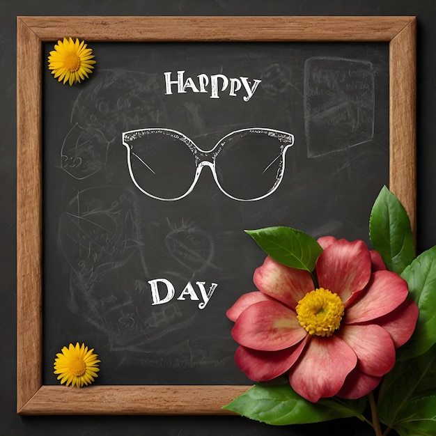 Photo a blackboard with flowers and a chalkboard with a flower and a frame that says happy day