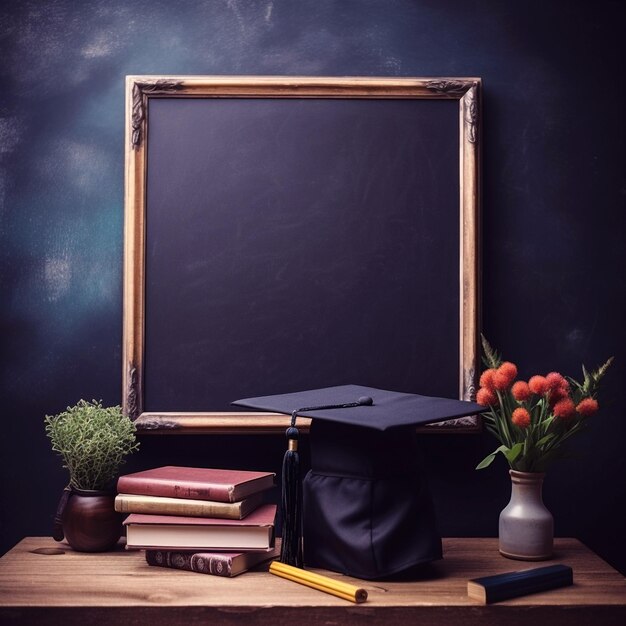 Photo a blackboard with a graduation cap and books on it