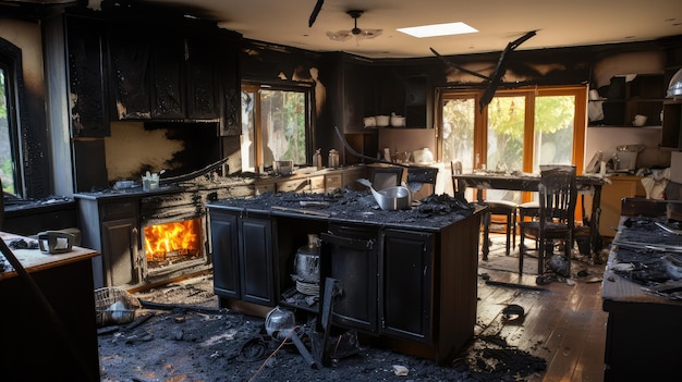 Photo blackened fire damage in house