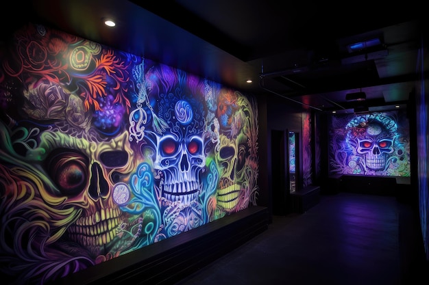 Blacklight and uvreactive mural on the walls of bar or night club created with generative ai