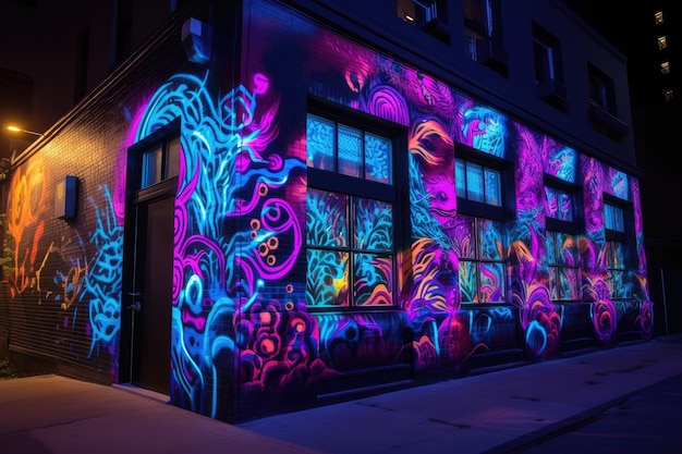 Blacklight and uvreactive painting on the side of a building created with generative ai