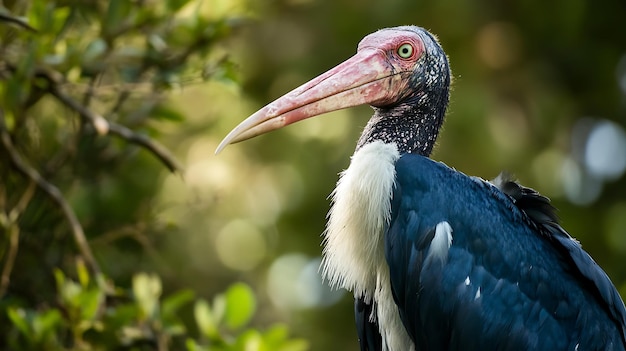 A blacknecked stork with a long pink beak perches on a branch with a green and blurry background