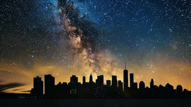 Photo blackout and power outage cityscape under a starfilled sky with the milky way visible