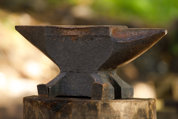 A blacksmith anvil stands on a tree stump in nature