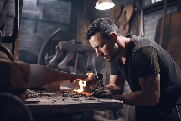 Photo blacksmith chiseling wood in forge