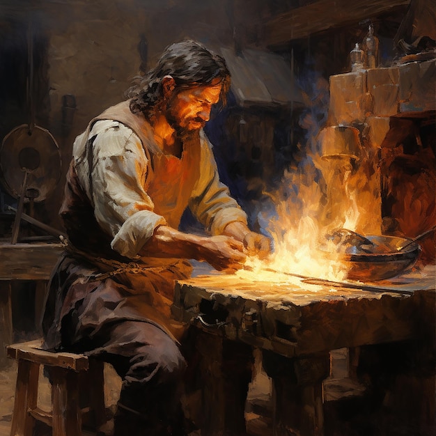 Blacksmith working in a firey forge