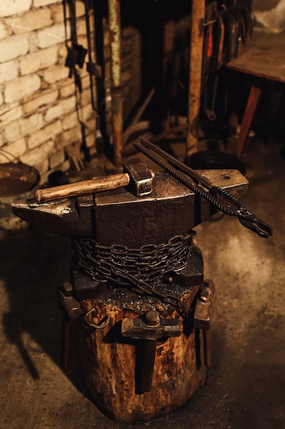 Blacksmith workplace: anvil, hammers, blacksmith tongs.