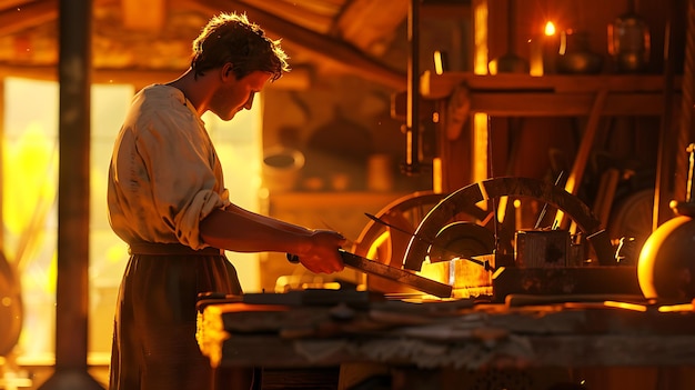 A Blacksmith Works on Metal in His Workshop