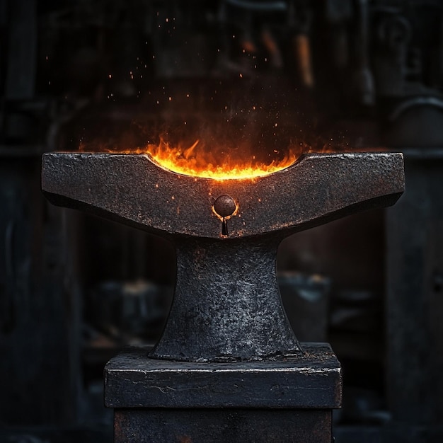 A blacksmiths anvil glowing with embers