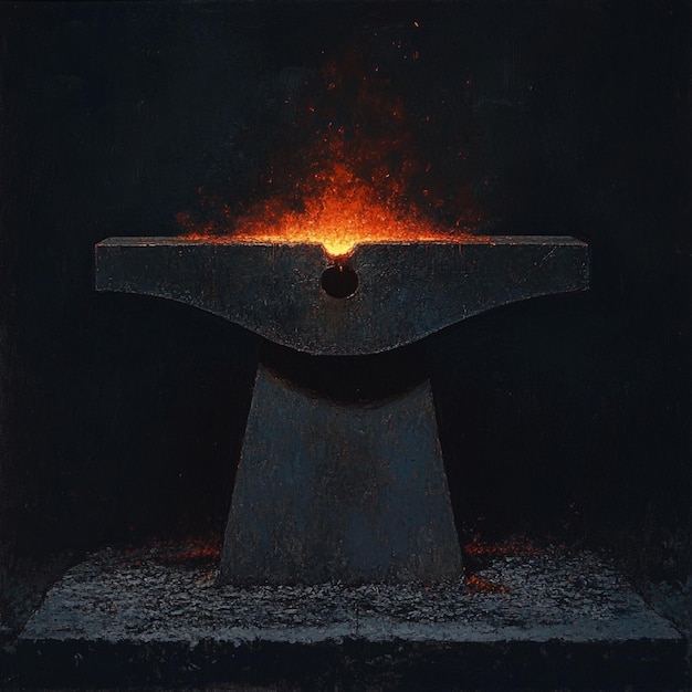 A blacksmiths anvil glowing with embers