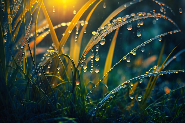 Blades of grass coated in morning dew sparkling like diamonds under the rising sun