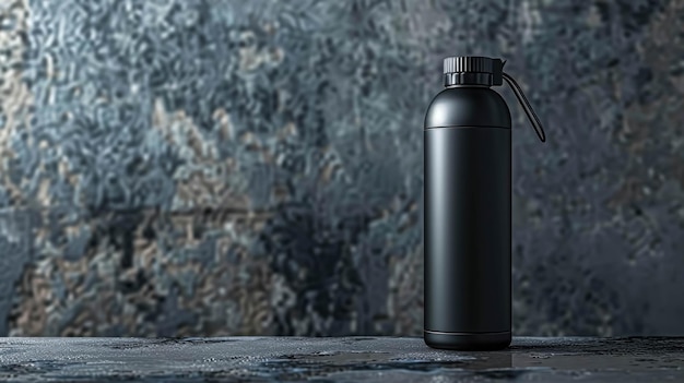 Blank 3D Black Sport Bottle Mockup With A Gray Background Thermo Mock Up Template For Fitness