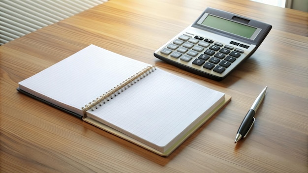 Photo blank account book calculator and pen on wooden desk generative ai