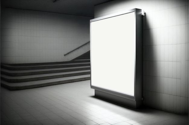 Blank advertising billboard in a largescale square indoor nearby staircase in subway