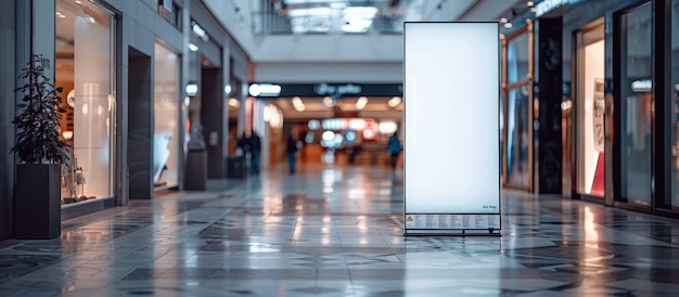 Blank Advertising Billboard in Modern Shopping Mall with Bright Storefronts and Shiny Floor