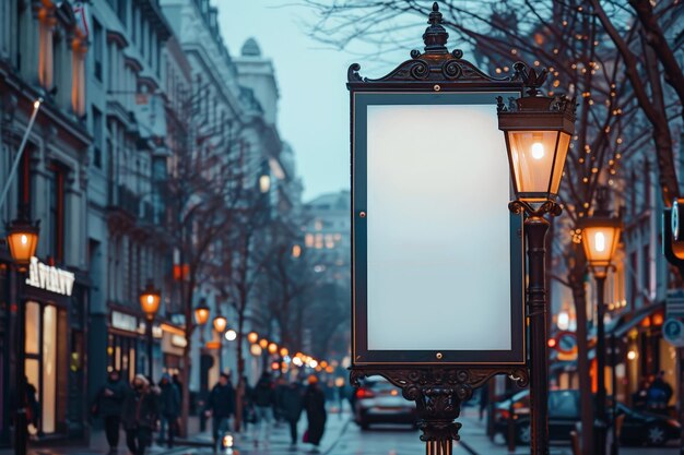 Blank advertising billboard on a street with lights and people