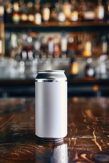 Blank Aluminum Can on Bar Counter with Blurry Background