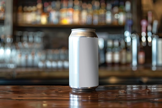 Photo blank aluminum can on bar counter with blurry background