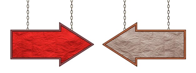 Photo blank arrow sign made of wood and paper hanging on iron chains two red and brown arrow