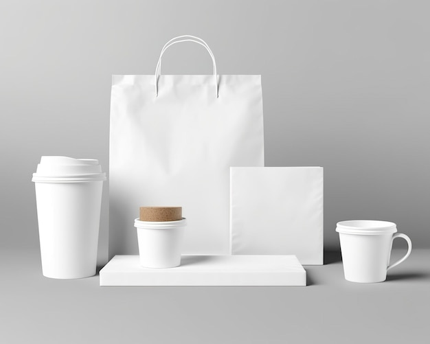 Blank bag coffee mug and cup on a light background Generative AI