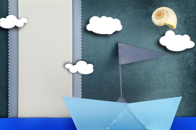 Blank banner and blue boat on fabric background