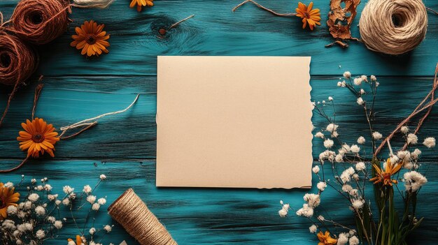 Photo blank beige card on teal wooden surface decorated with flowers and twine